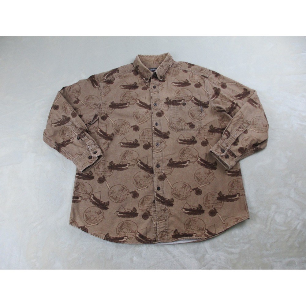 Woolrich Shirt Mens‎ Large Brown Button Up Dark Wheat Fisherman AOP Long Sleeve